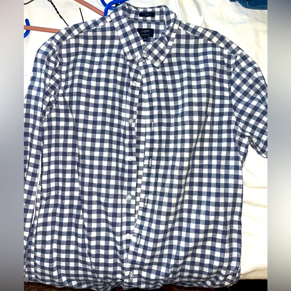 J crew linen cotton navy gingham long sleeve